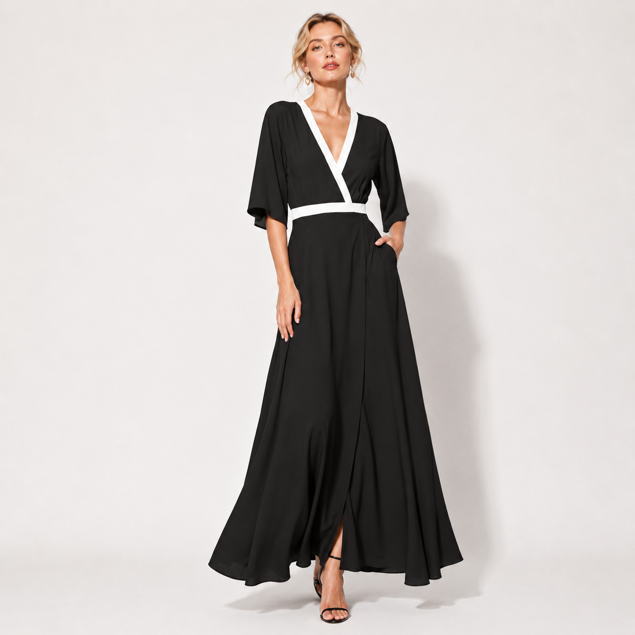 V Neck Belted A-Line Maxi Dress