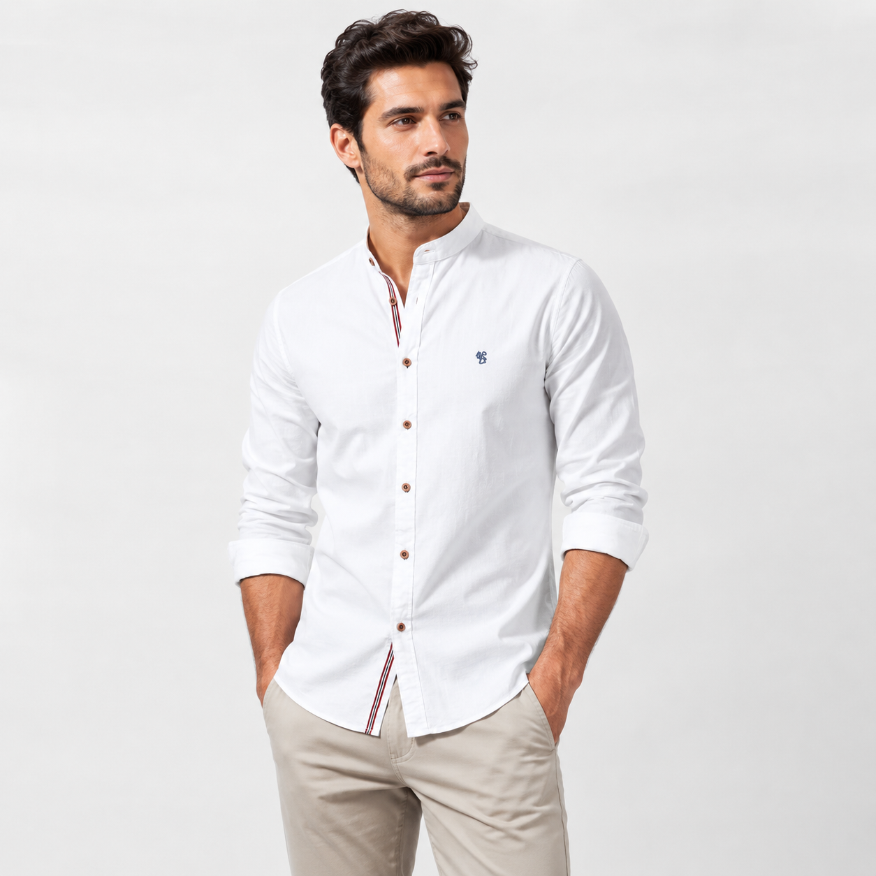 Band Collar Poly-Blend Linen Shirt