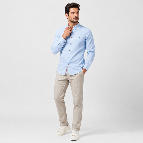 Band Collar Poly-Blend Linen Shirt