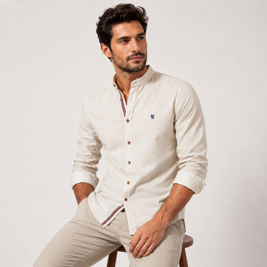 Band Collar Poly-Blend Linen Shirt