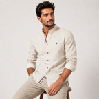 Band Collar Poly-Blend Linen Shirt