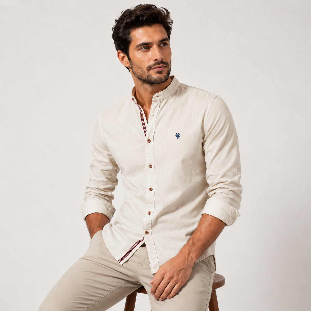 Band Collar Poly-Blend Linen Shirt