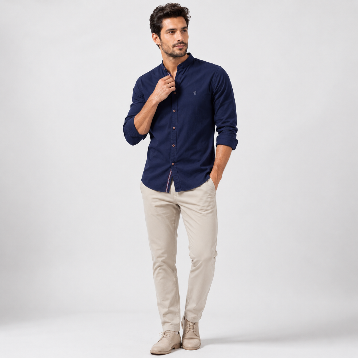 Band Collar Poly-Blend Linen Shirt