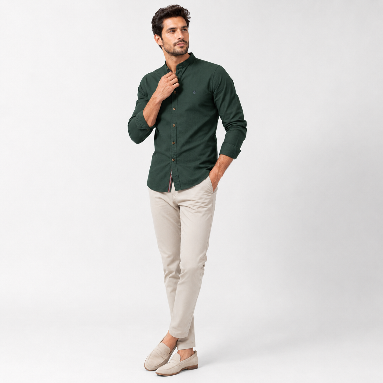 Band Collar Poly-Blend Linen Shirt