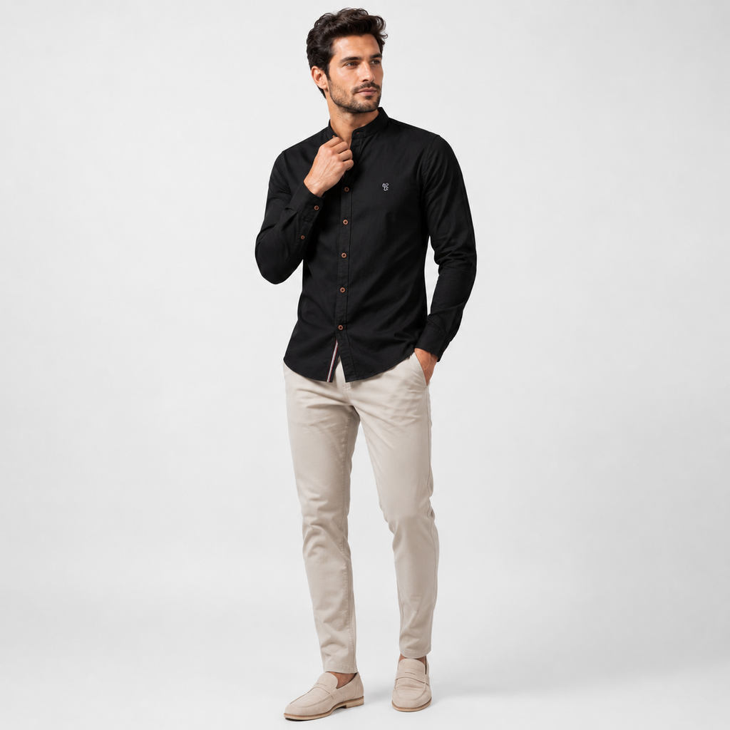 Band Collar Poly-Blend Linen Shirt