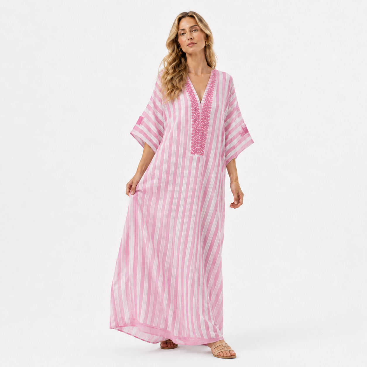V-Neck Striped Trumpet Sleeve Maxi Kaftan