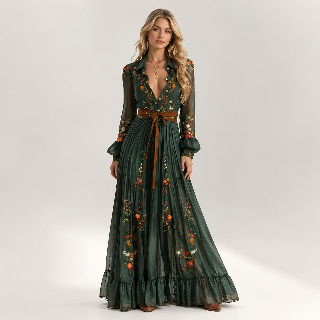 Floral Embroidered Long Sleeve Maxi Dress
