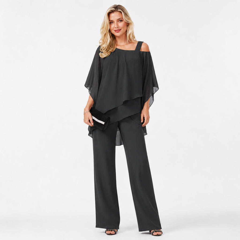 Cold Shoulder Chiffon Two Piece Trouser Set