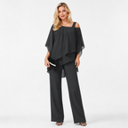 Cold Shoulder Chiffon Two Piece Trouser Set