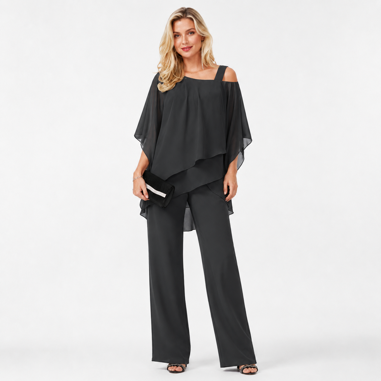Cold Shoulder Chiffon Two Piece Trouser Set