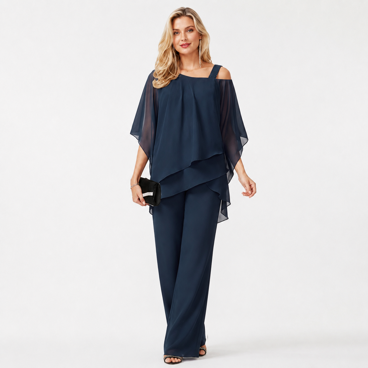 Cold Shoulder Chiffon Two Piece Trouser Set