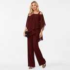 Cold Shoulder Chiffon Two Piece Trouser Set