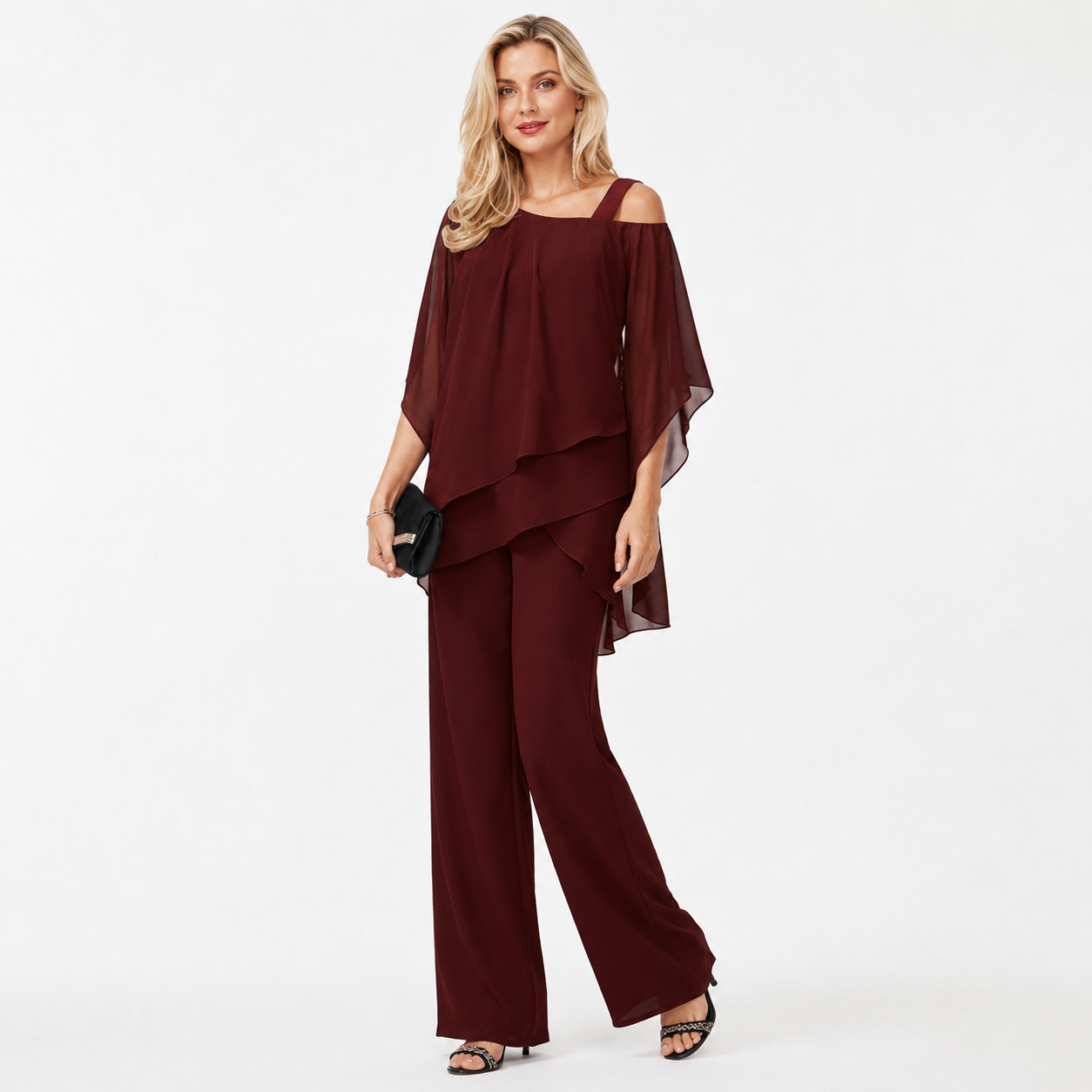 Cold Shoulder Chiffon Two Piece Trouser Set