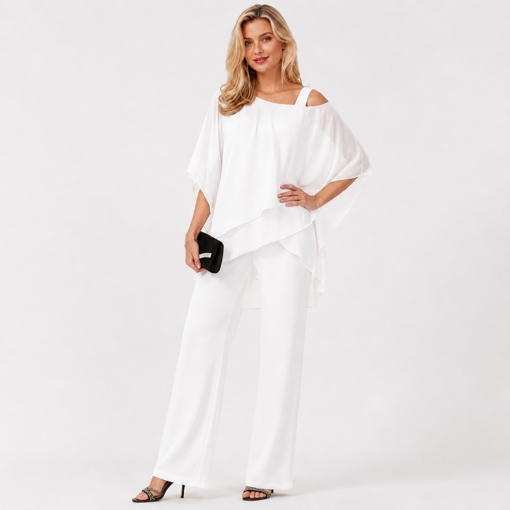 Cold Shoulder Chiffon Two Piece Trouser Set
