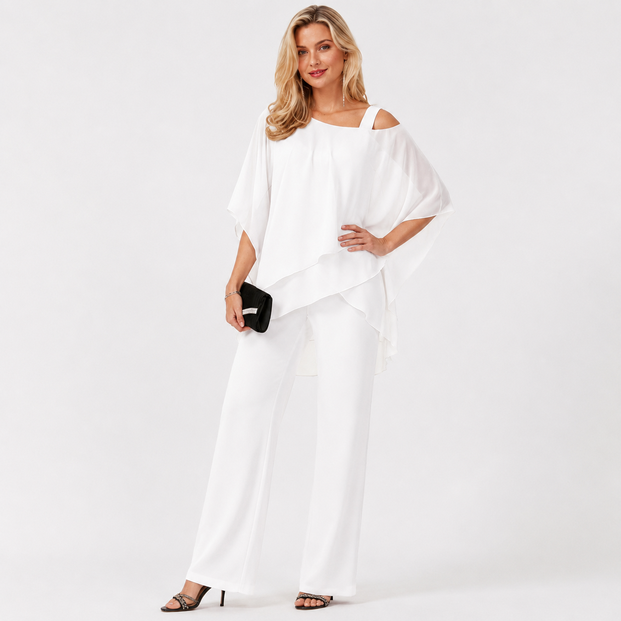 Cold Shoulder Chiffon Two Piece Trouser Set