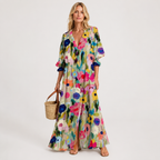 Lapel Collar Printed Maxi Shirt Dress