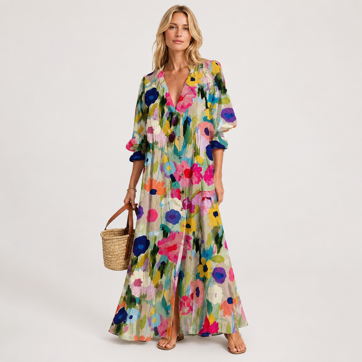 Lapel Collar Printed Maxi Shirt Dress