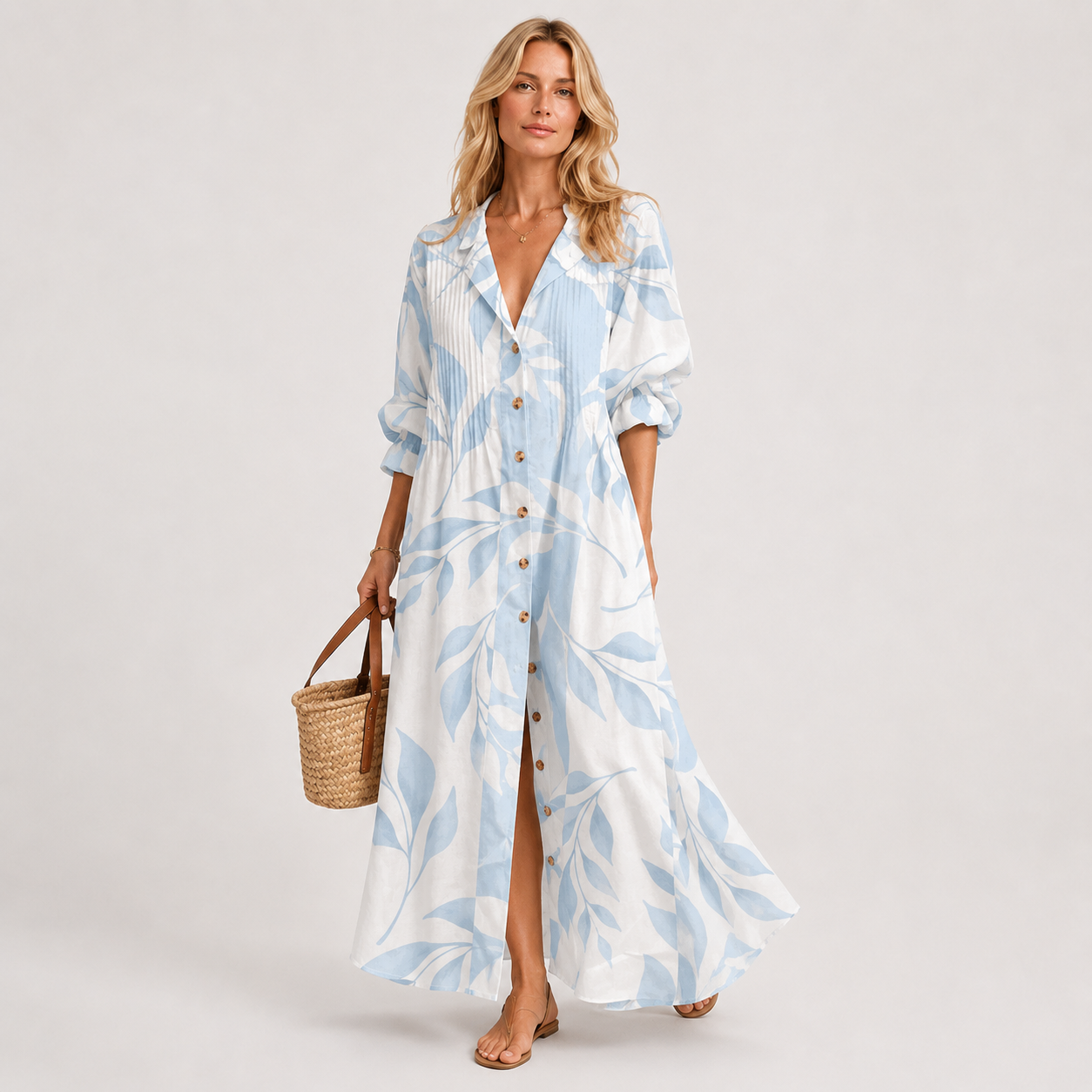 Lapel Collar Printed Maxi Shirt Dress