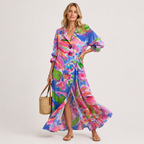 Lapel Collar Printed Maxi Shirt Dress