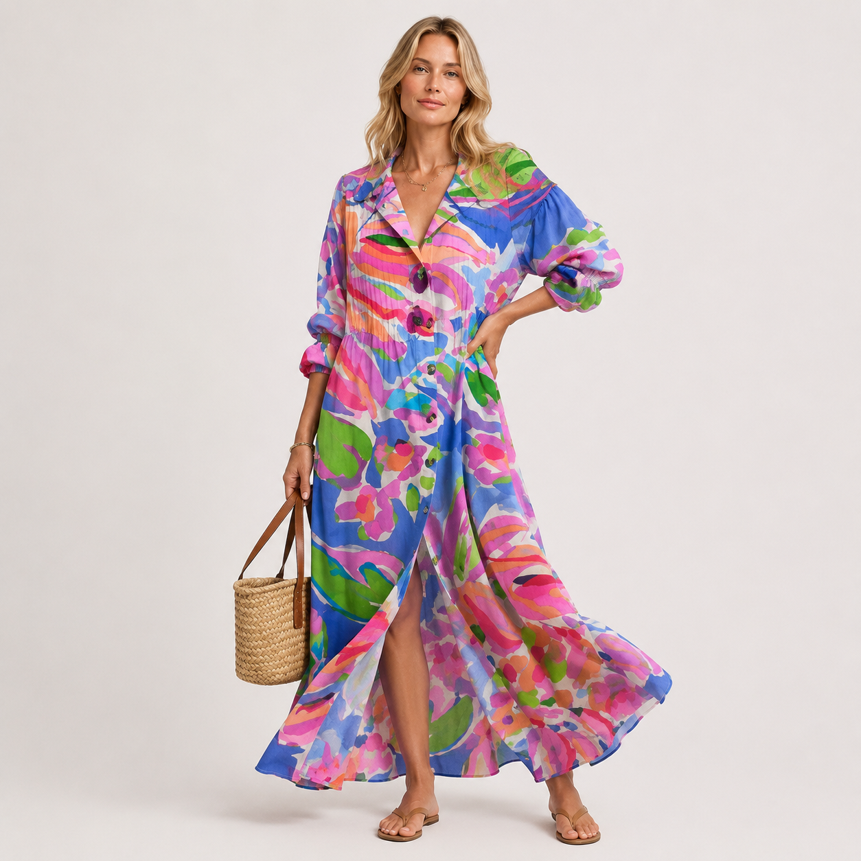 Lapel Collar Printed Maxi Shirt Dress