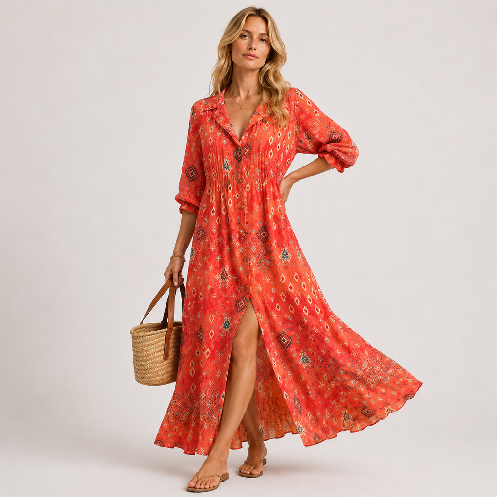 Lapel Collar Printed Maxi Shirt Dress