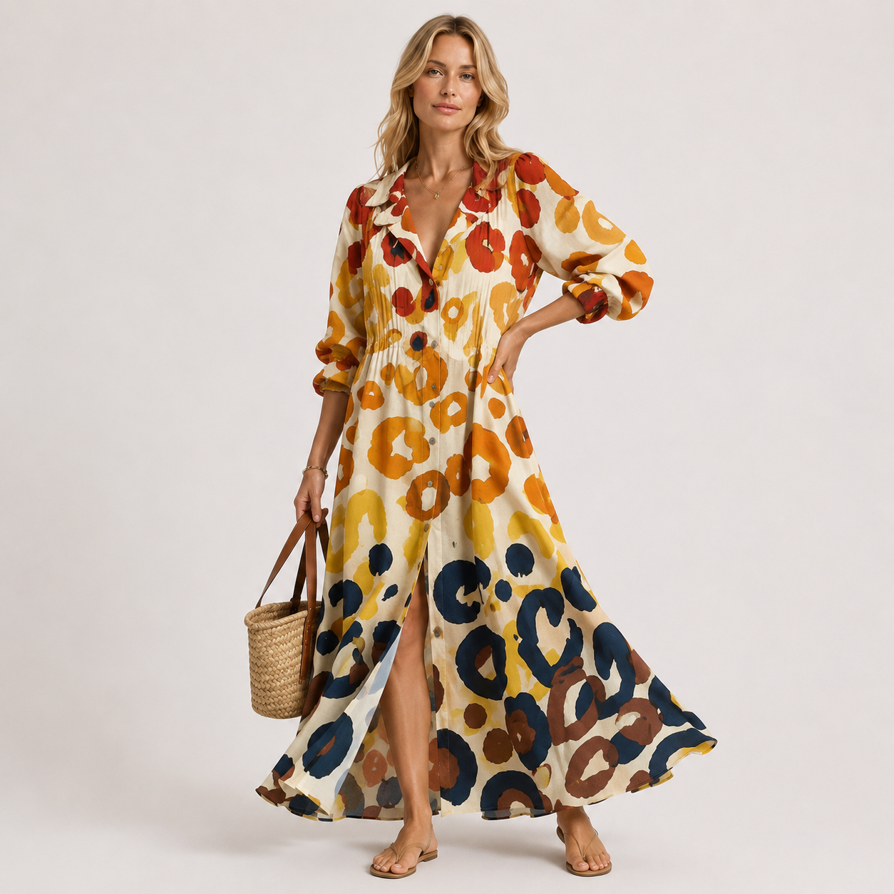 Lapel Collar Printed Maxi Shirt Dress