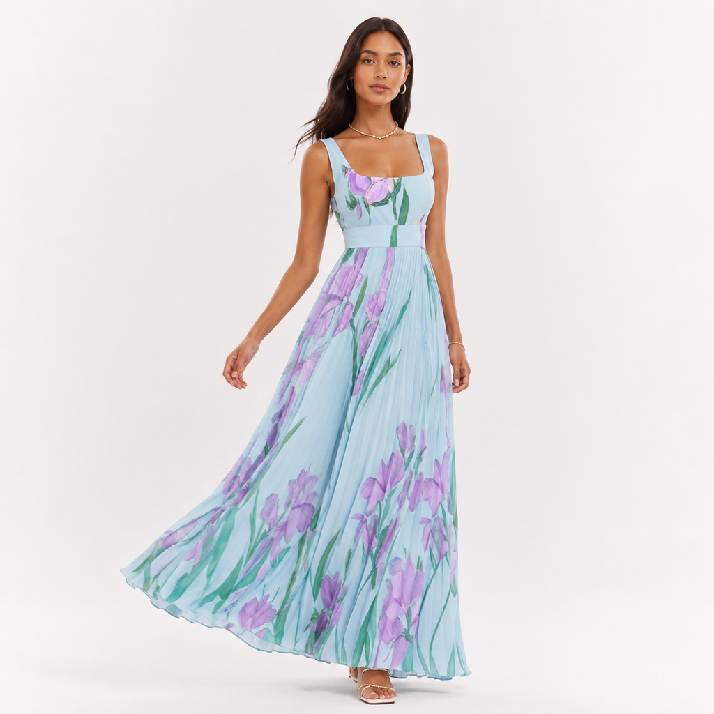 Pleated Floral Square Neck Maxi Dress