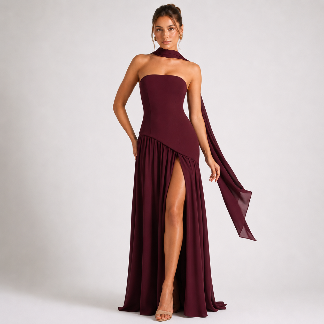 Strapless Scarf-Neck Pleated Maxi Gown – MAISON NOIR