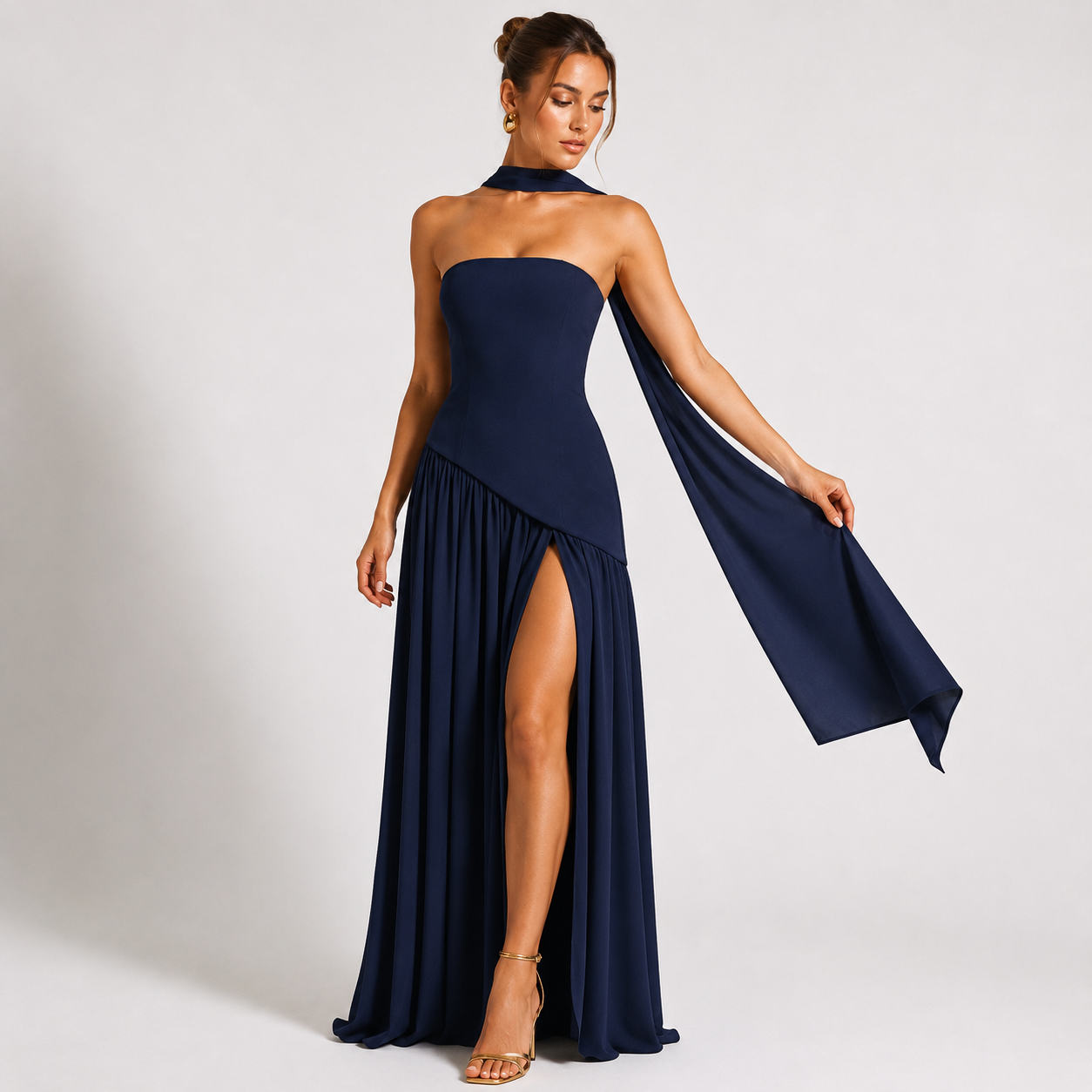 Strapless Scarf-Neck Pleated Maxi Gown