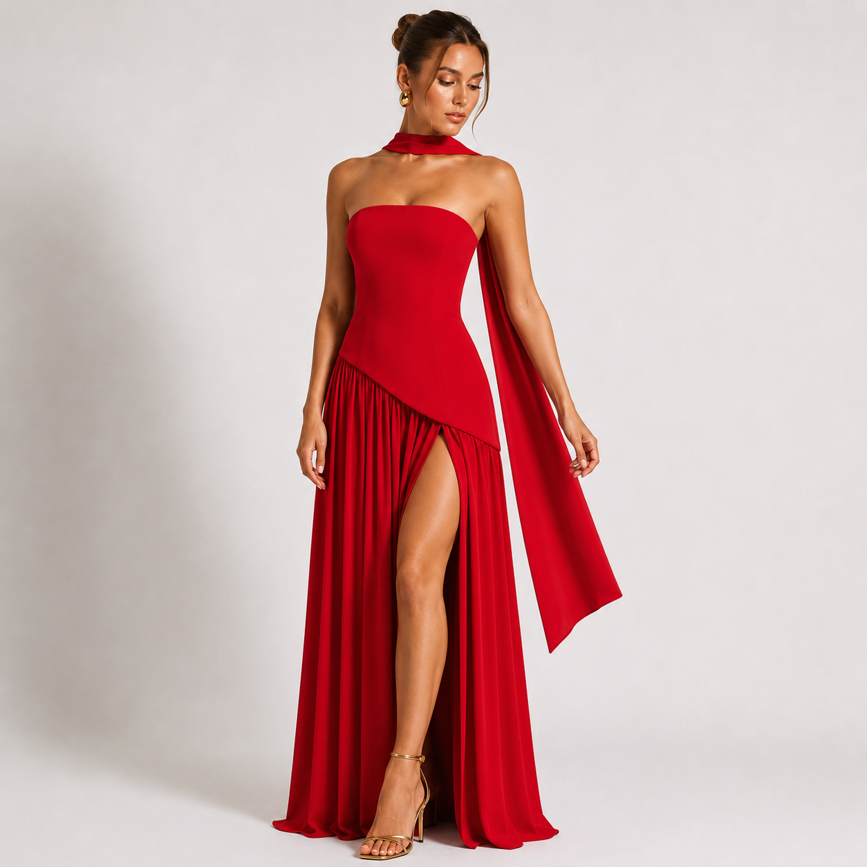 Strapless Scarf-Neck Pleated Maxi Gown