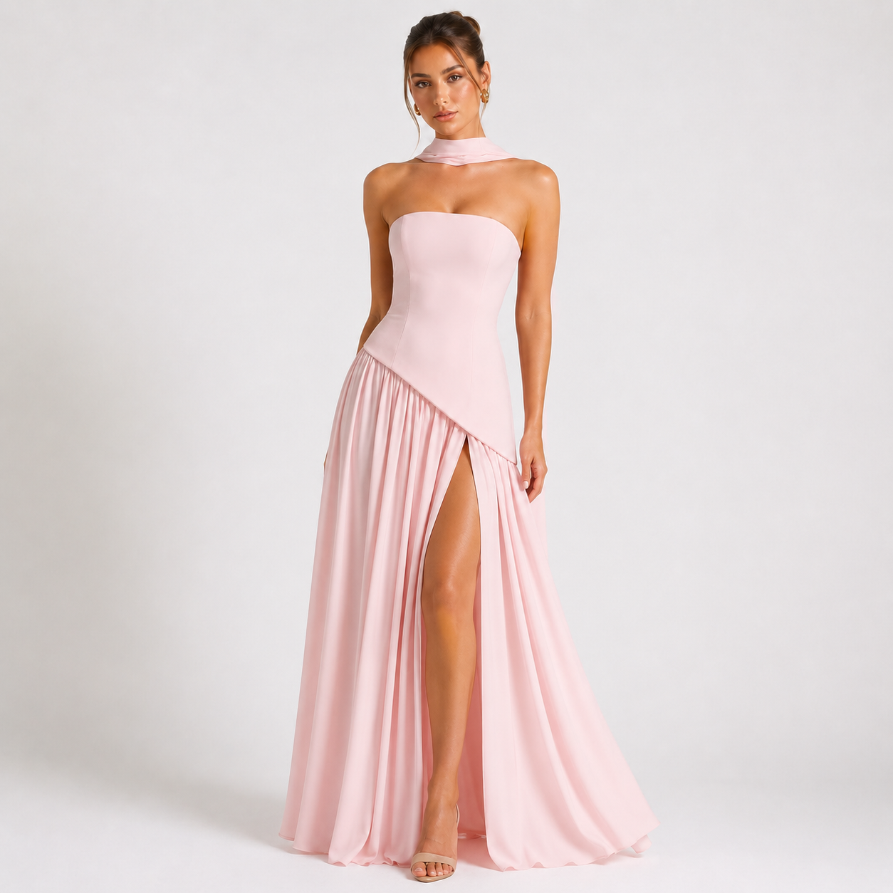 Strapless Scarf-Neck Pleated Maxi Gown