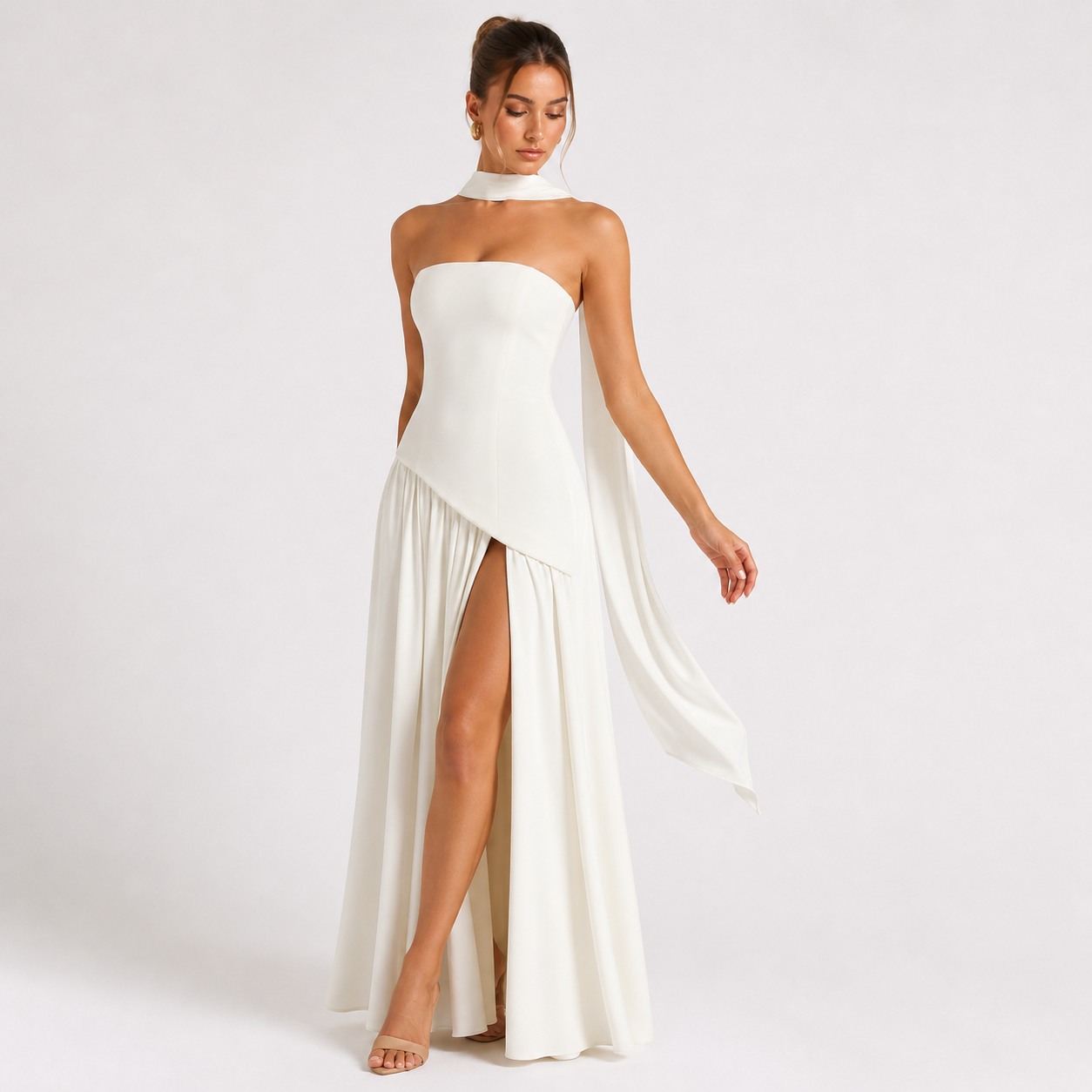 Strapless Scarf-Neck Pleated Maxi Gown