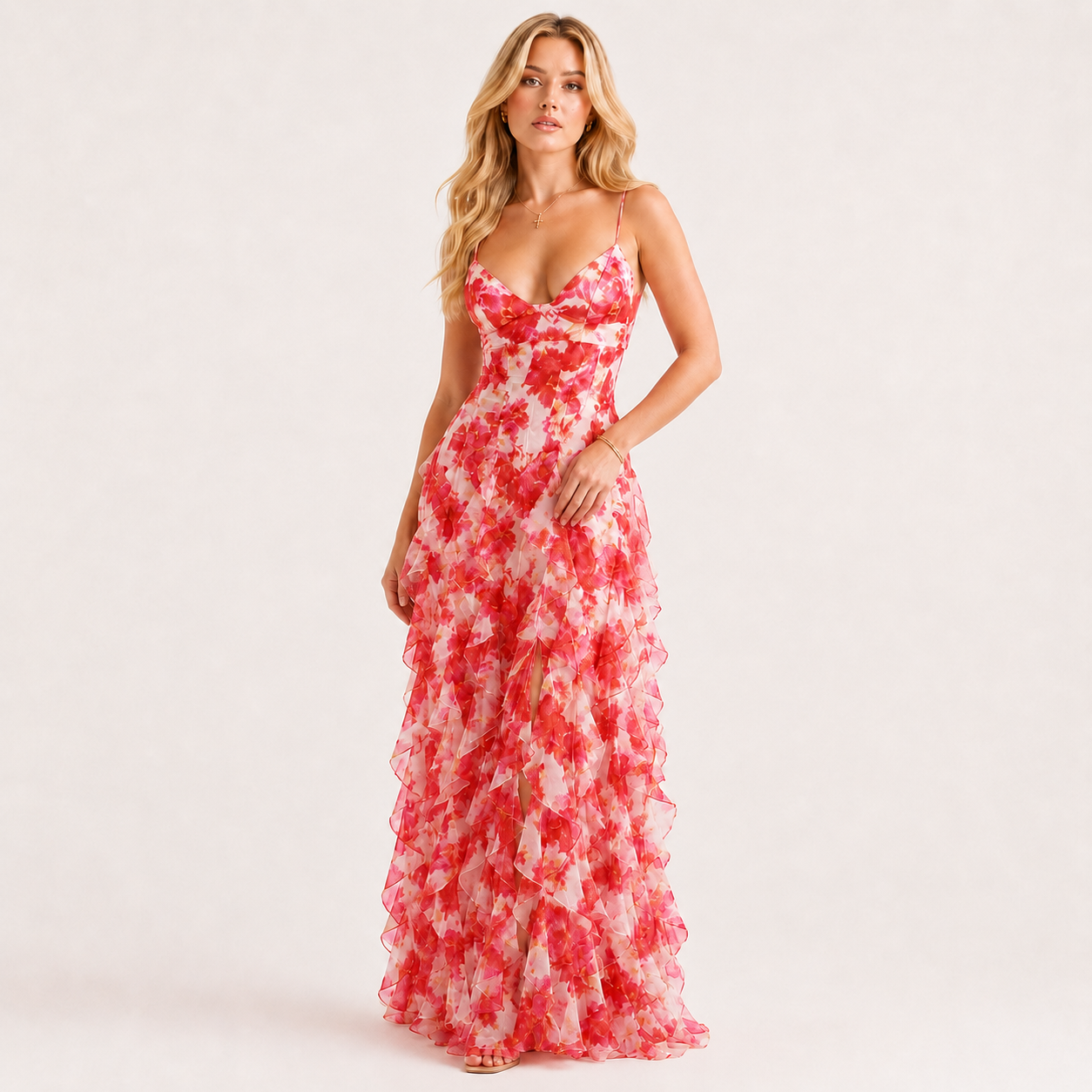 V-Neck Sleeveless Ruffled Floral Maxi Dress