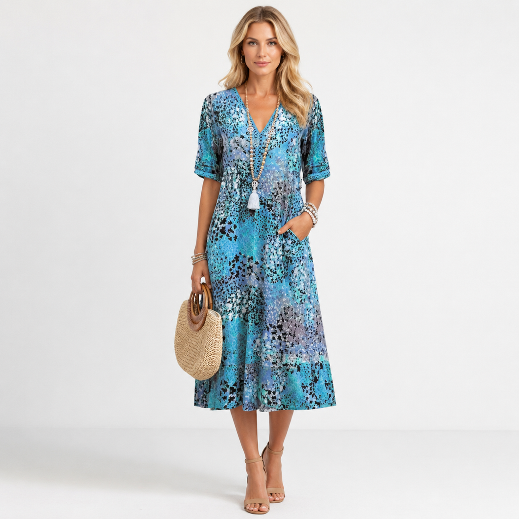 V-Neck Short Sleeve Floral Boho Midi Dress