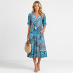V-Neck Short Sleeve Floral Boho Midi Dress