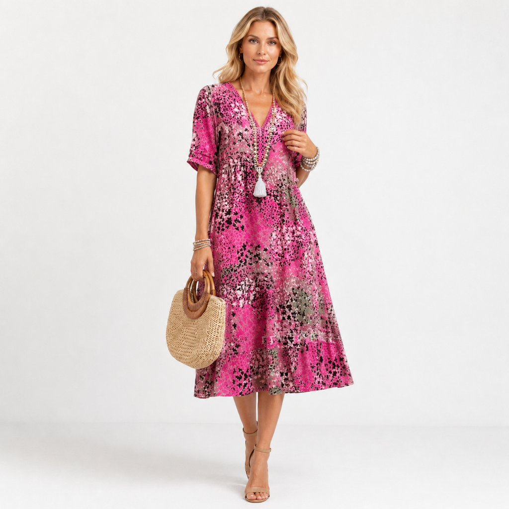 V-Neck Short Sleeve Floral Boho Midi Dress