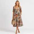 V-Neck Short Sleeve Floral Boho Midi Dress