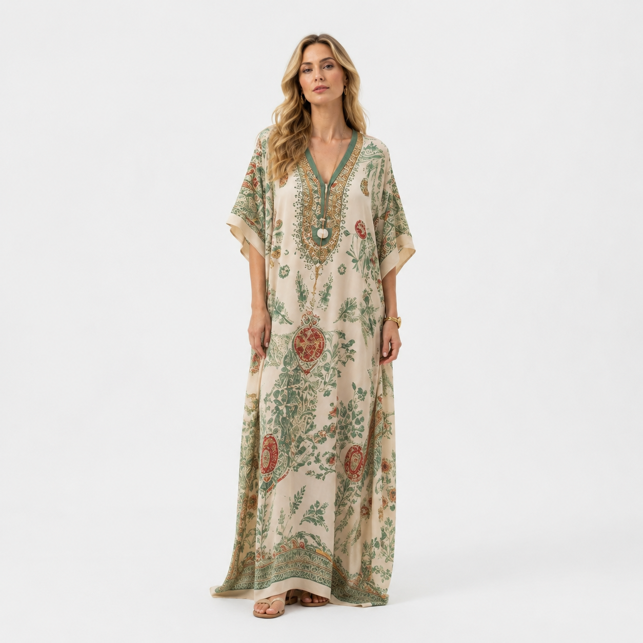 V-Neck Striped Trumpet Sleeve Maxi Kaftan