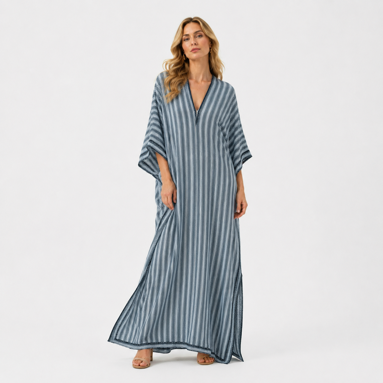 V-Neck Striped Trumpet Sleeve Maxi Kaftan