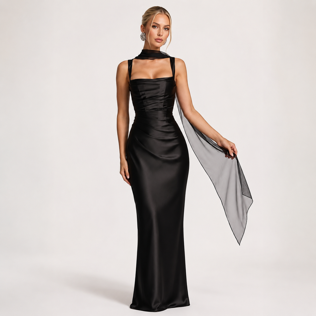 Satin Halter Backless Lace-Up Maxi Dress