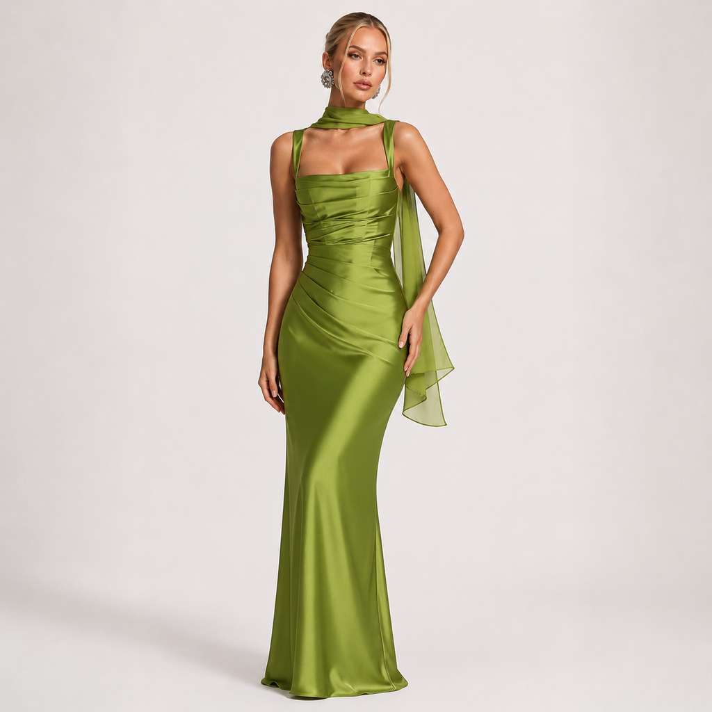 Satin Halter Backless Lace-Up Maxi Dress