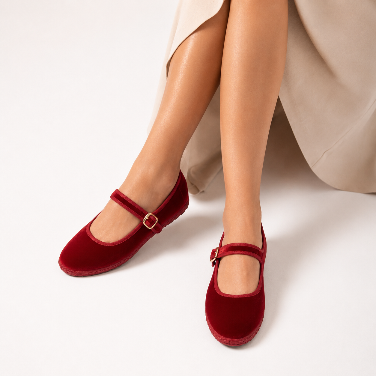Velvet Hand-Stitched Mary Jane Ballet Flats