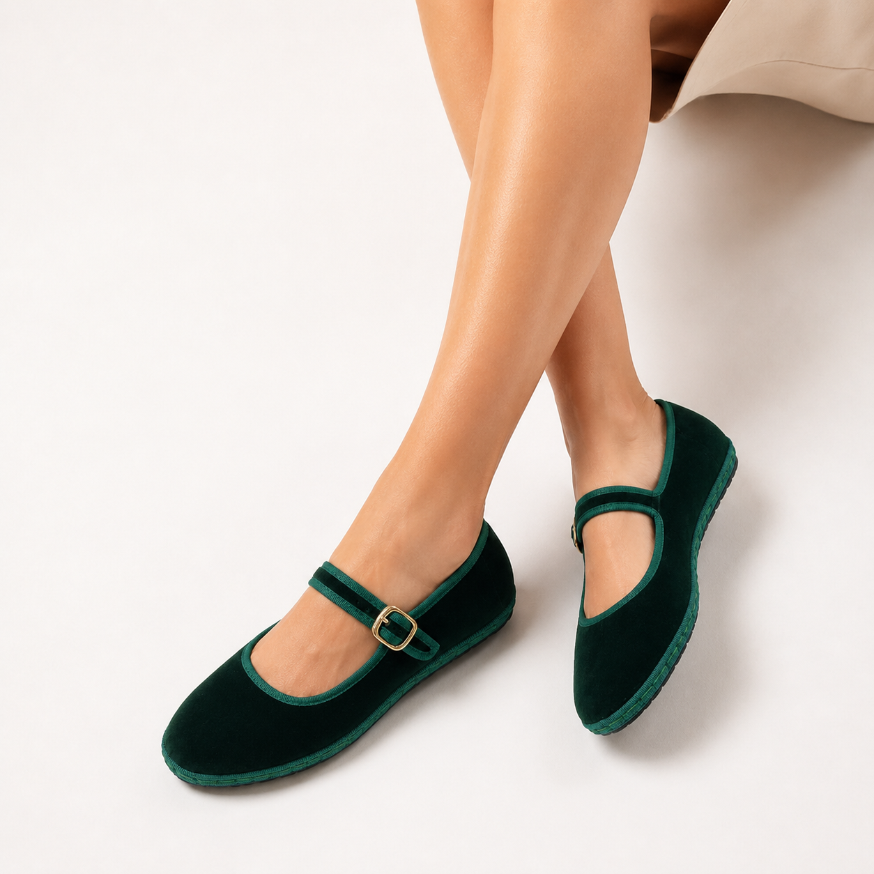 Velvet Hand-Stitched Mary Jane Ballet Flats