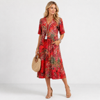 V-Neck Short Sleeve Floral Boho Midi Dress