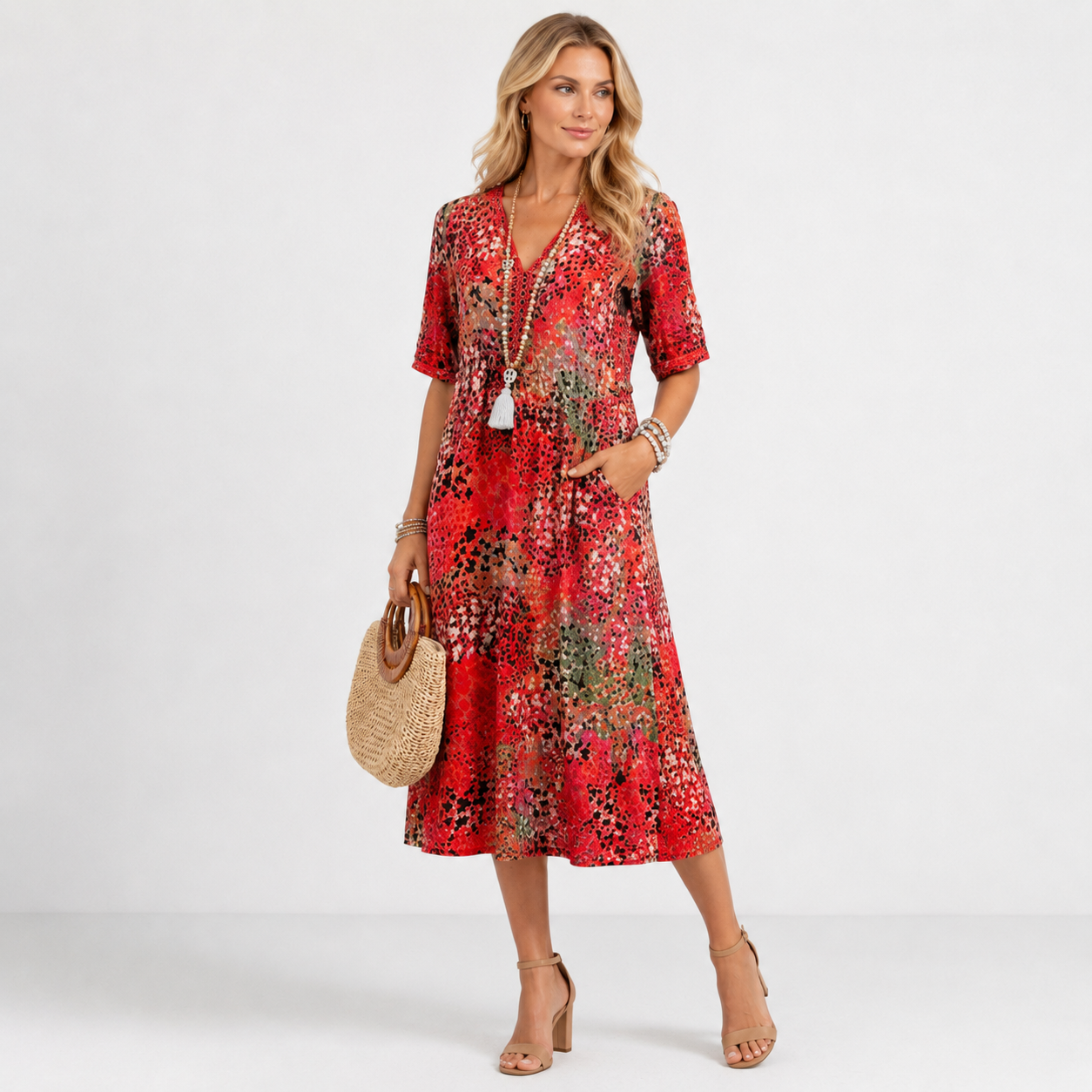 V-Neck Short Sleeve Floral Boho Midi Dress