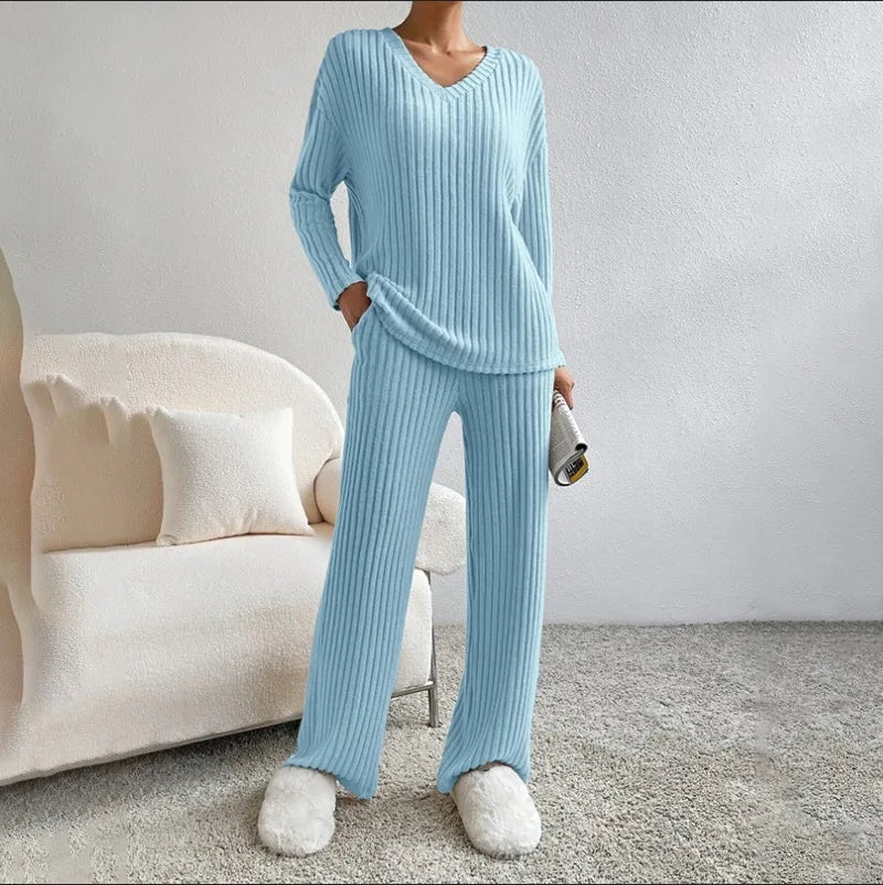 Colette | Striped V-Neck Long Sleeve Top and Trouser Set