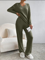 Colette | Striped V-Neck Long Sleeve Top and Trouser Set