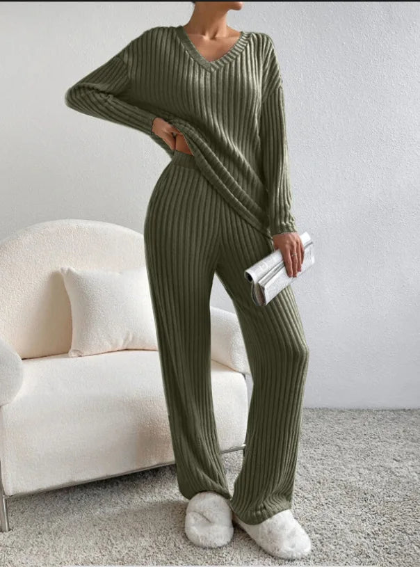 Colette | Striped V-Neck Long Sleeve Top and Trouser Set