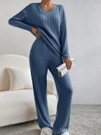 Colette | Striped V-Neck Long Sleeve Top and Trouser Set