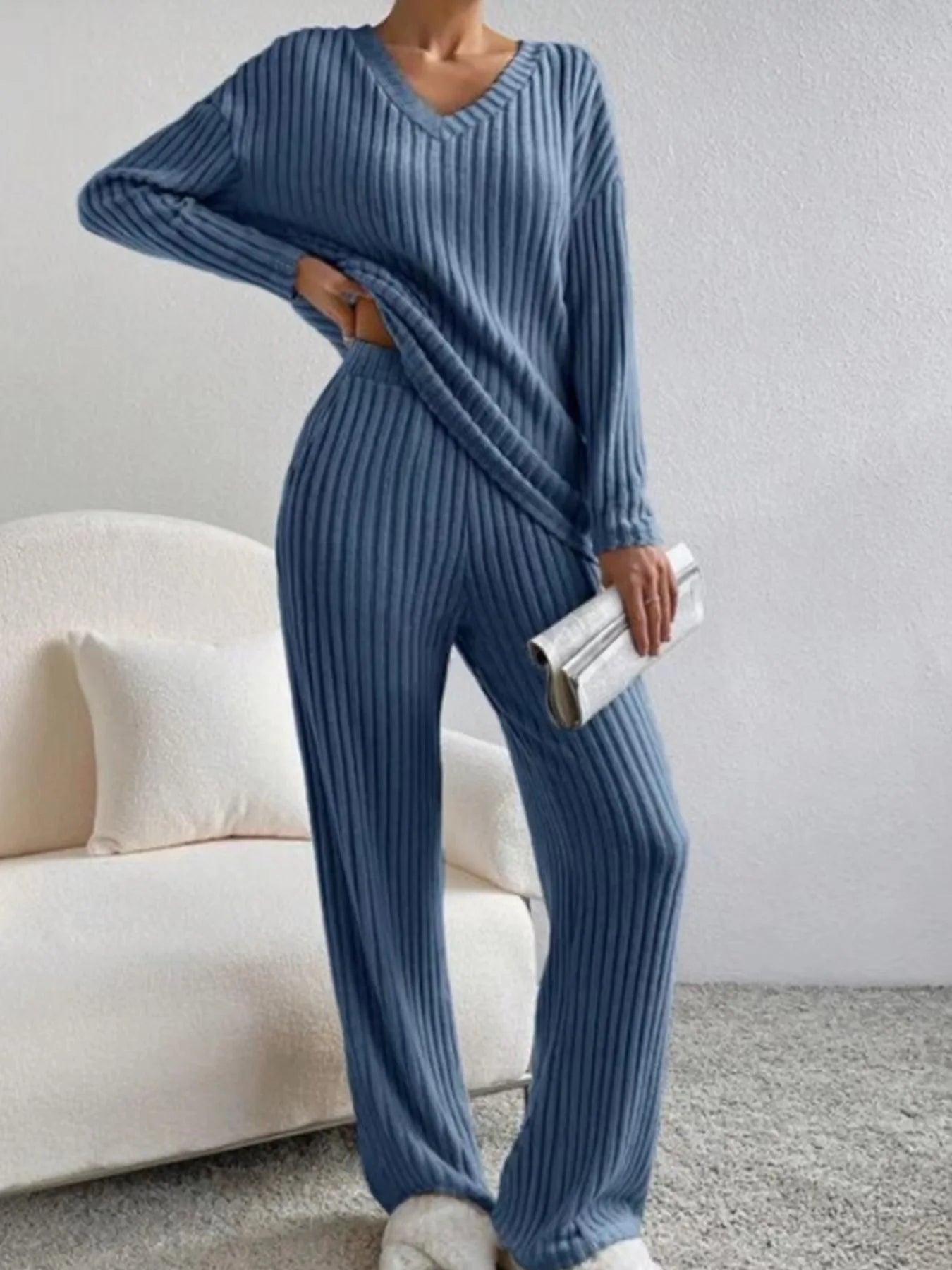 Colette | Striped V-Neck Long Sleeve Top and Trouser Set